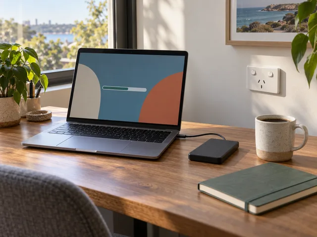 A tidy home-office desk in soft morning light. An open laptop whose screen shows only abstract coloured blocks and a progress bar shape, with no readable text. A small external hard drive is connected to it by a cable, with a ceramic coffee mug and a closed notebook beside it.